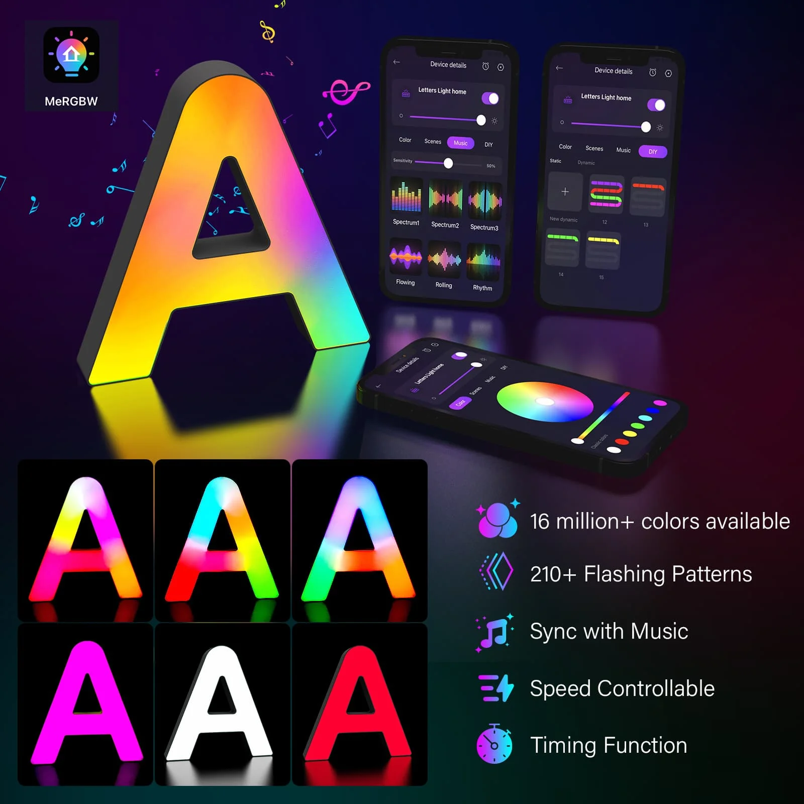 1PC Smart LED Letter Light - DIY RGB Marquee App Control Music Sync Indoor Sign Game Holiday Party Wedding Graduation Season A-Z