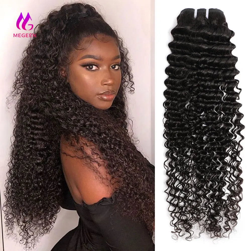 Megeen Deep Wave Human Hair Bundles 1 Bundle Deal Brazilian 12A 1B Curly Remy Weave Hair Extensions 95-100 Grams Ture To Length