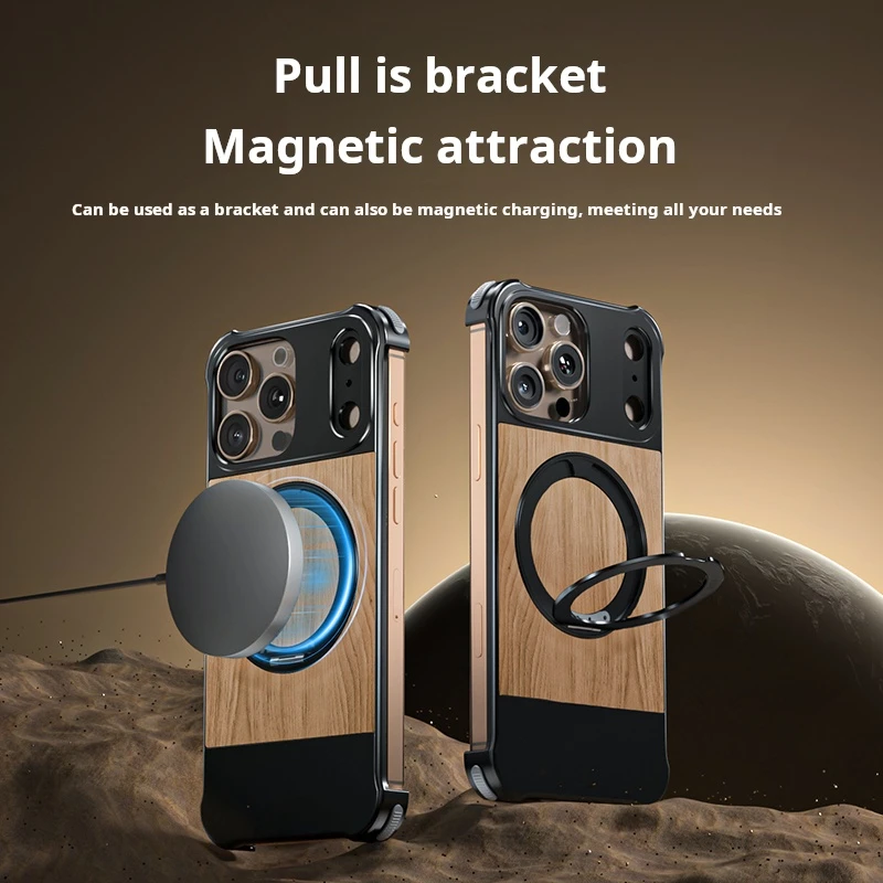 

Cover For iPhone16 15 14 13ProMax Retro Half pack leather woodiness texture 360° Rotating Metal Stand Magnetic Mobile phone case