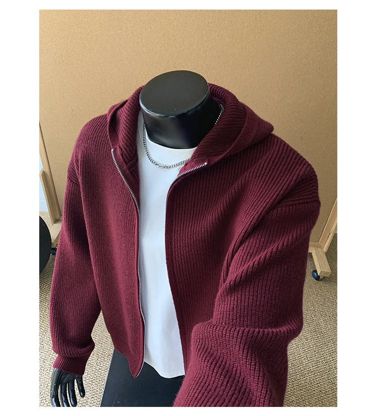 2026 New Autumn Winter Simple Solid Color Knitted Hoodie Men Japan Korean Fashion Casual Loose Double Zipper Hooded Jacket