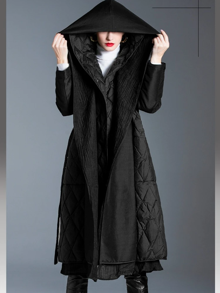 Luxury High Quality Down Long Trench Coat Patchwork Hooded White Duck Down Coat Women's Winter Warm Lightweight Slim Outerwear