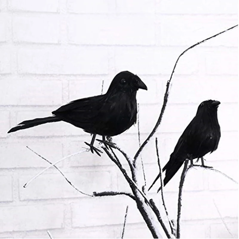 (Ce14)Halloween Black Crow Props Realistic Raven Spooky Feathered Crows House Decor