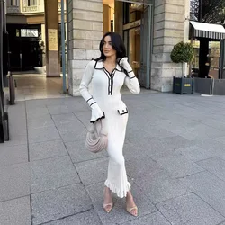 Women's Elegant Ruffled Knitted Long Sleeve Dress Lapel Buttoned French Long Dress Chic Slim Commuting Casual Dress Streetwear