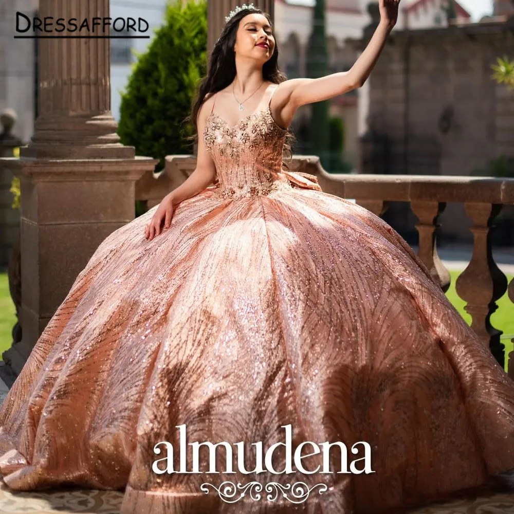 Rose Gold Quinceanera Dresses Tulle Lace Up Sequins Sparkling Ball Gown Birthday Formal Party Gown Robes De Soirée