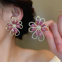 HUANZHI Pink Exaggerated Rhinestone Flower Hollow Metal Earrings for Women Girls Trend Design Wholesale Jewelry Gifts 2024 New