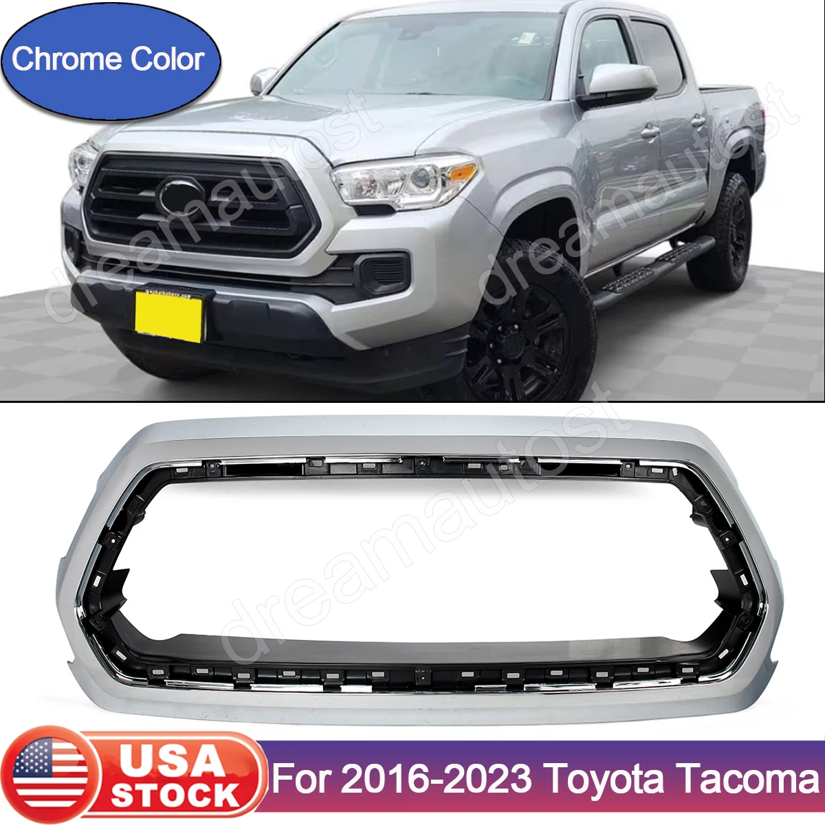 

For Toyota Tacoma 16-23 Front Upper Grille Outer Frame Surround Chrome & Bracket