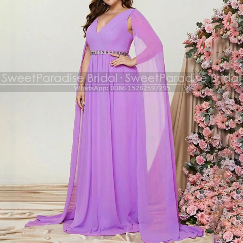 Lavender Chiffon A Line Mother of the Bride Dresses Customized Beaded Plunging Neck Plus Size Women Long Cloak Evening Dress