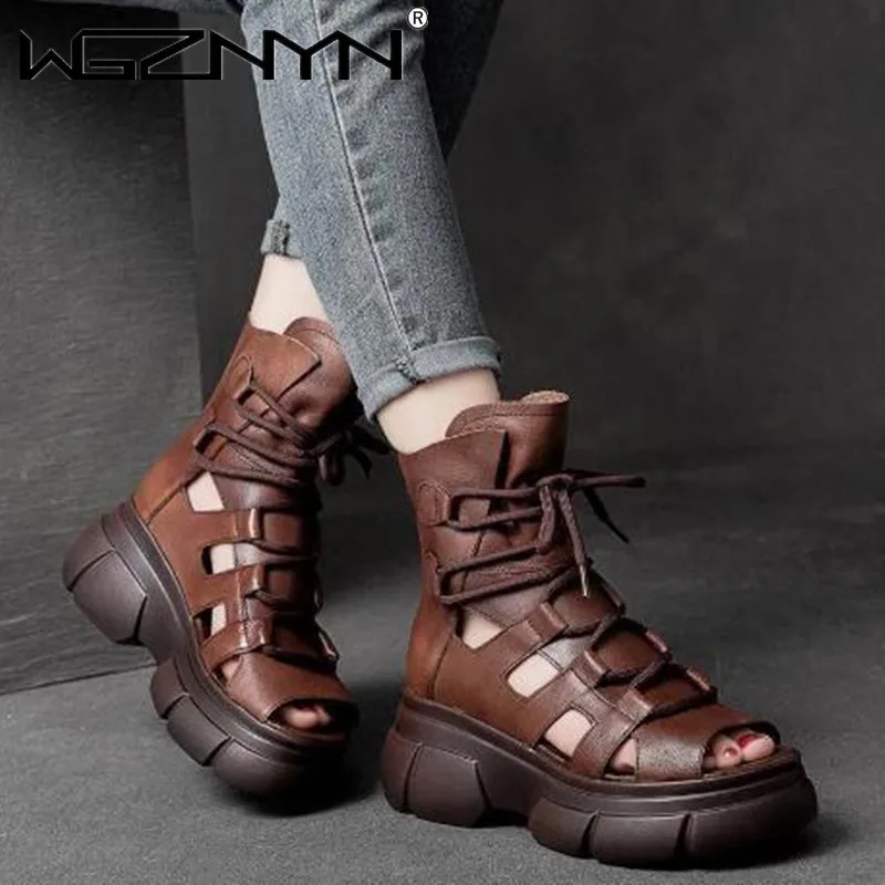 Genuine PU Leather Zip Retro Shoes Women Sandals 2022 New Ankle Boots Summer Handmade Hollow-out Lace-up Casual Platform Sandals