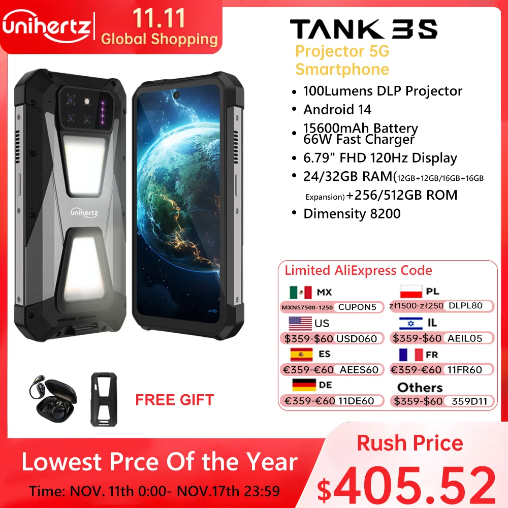 Unihertz-Celular com Projetor, Celular, Tanque de Armadura 3s, 8849, 24 GB, 32GB, 256 GB, 512GB, Tela 120Hz, 50MP, Câmera 64MP, Dimensão 8200