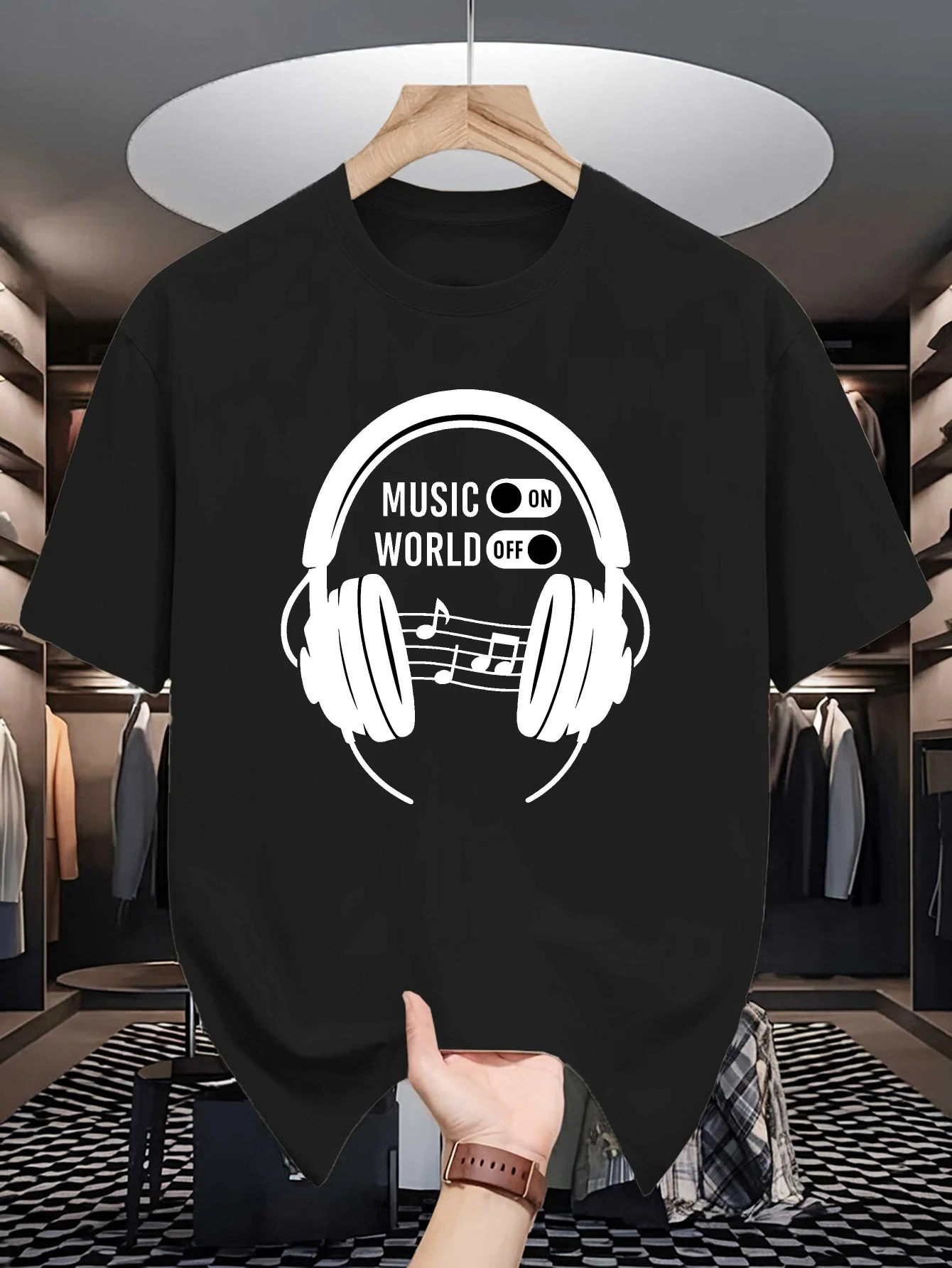 Men Short Sleeve T Shirt Headphone Music On World Off Graphic Tees Loose Fit Casual Mens Top For Music Lover Daily Street Wear