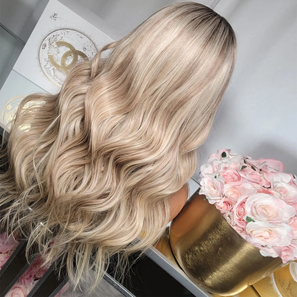 Dirty Creamy Balayage Blonde Long Wavy Wig Rooted Ombré Virgin Human Hair Wig HD Invisible 150% Density Luxury Lace Front Wig