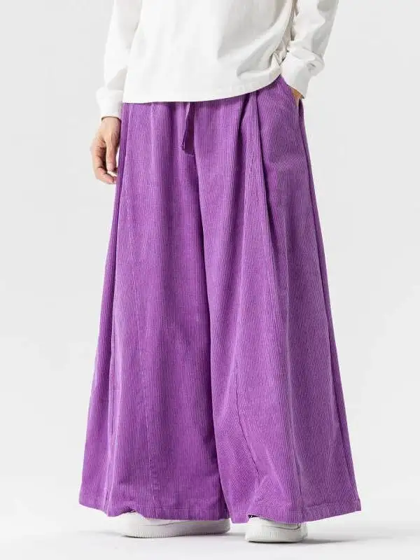 Men's Corduroy Straight Leg Wide Leg Skirt Pants Fall Winter Leisure Buddhist Meditation Monastic Clothing Hanfu Style Trousers