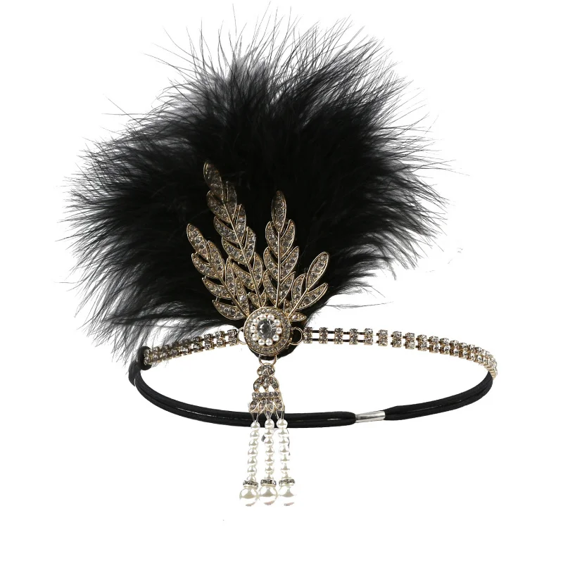 

Hot Selling Retro Ball Headband Black Alloy Ostrich Feather Hairband Pearl Rhinestone Hair Accessory