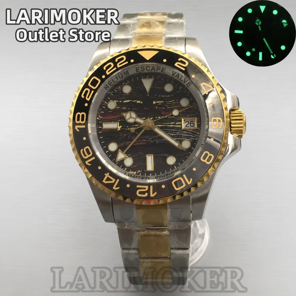 LARIMOKER 43MM Men's Mechanical Watch NH34 (GMT) Green Luminous Sapphire Crystal Meteorite Texture Dial Steel 100M Waterproof