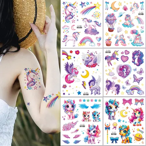 Glitter Unicorn Mermaid Temporary Tattoo Stickers For Kids Cartoon Rainbow Horse Mermaid Tattoos Cute Waterproof Body Art Tattoo