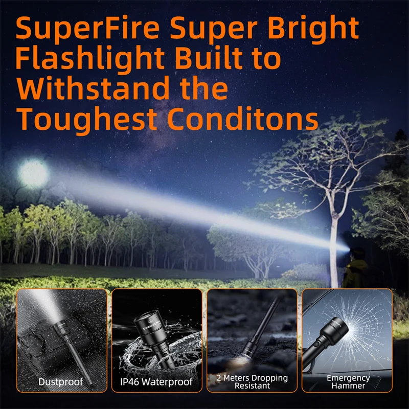SUPERFIRE Y16 Rechargeable Torches Tactical Flashlights LED SH-S14 5000LM High Powerful Light Torch 21700 EDC Camp Lighting