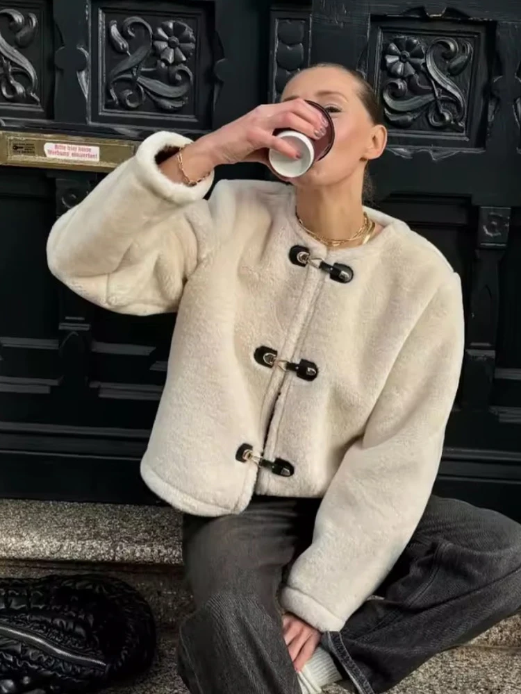 HH Women Winter Long Sleeves Reversible Jacket Fashion Casual Loose Short Coat Female Knot Buckle Pocket O-Neck Street Jacket
