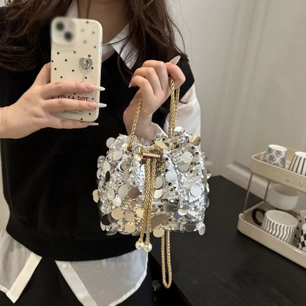 Mini Shiny Evening Banquet Bag Blingbling Handbag Tassel Crossbody Bag Small Purse Glitter Mini Bucket Bag Women