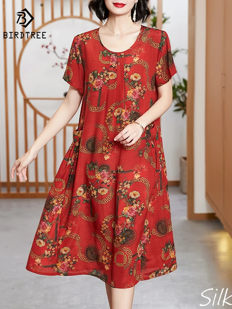 

BirdTree 100%Real Silk Dresses Women,Round Neck Short Sleeves Floral Print,Slim Elegant Retro A-line Dress,2024 Spring D42269QD