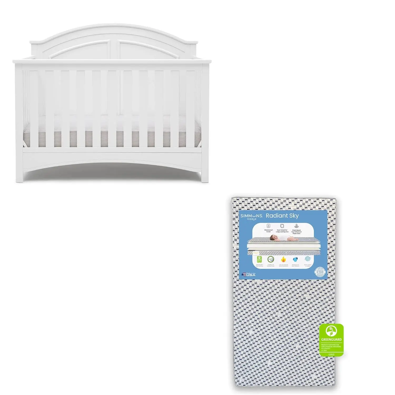 

6-in-1 Convertible Crib - Bianca White + Simmons Kids Radiant Sky Dual Sided Baby Crib Mattress and Toddler Mattress