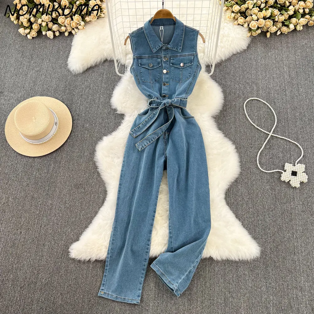 Nomikuma Vintage Elegant Sleeveless Demin Jumpsuits Women Romper Fashion Korean Bow Bandage Slim Waist Straight Jeans Bodysuits