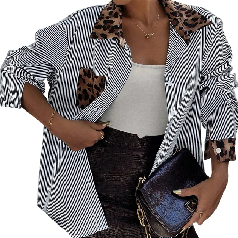 ABRT-เสื้อเชิ้ตแขนยาวพิมพ์ลายเสือดาวลายทางสำหรับผู้หญิง เสื้อเชิ้ตคอปกติดกระดุมลายเสือชีตาห์