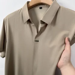 High end classic solid color patch decoration men's short sleeved POLO shirt 2024 summer silk ice silk casual business T-shirt