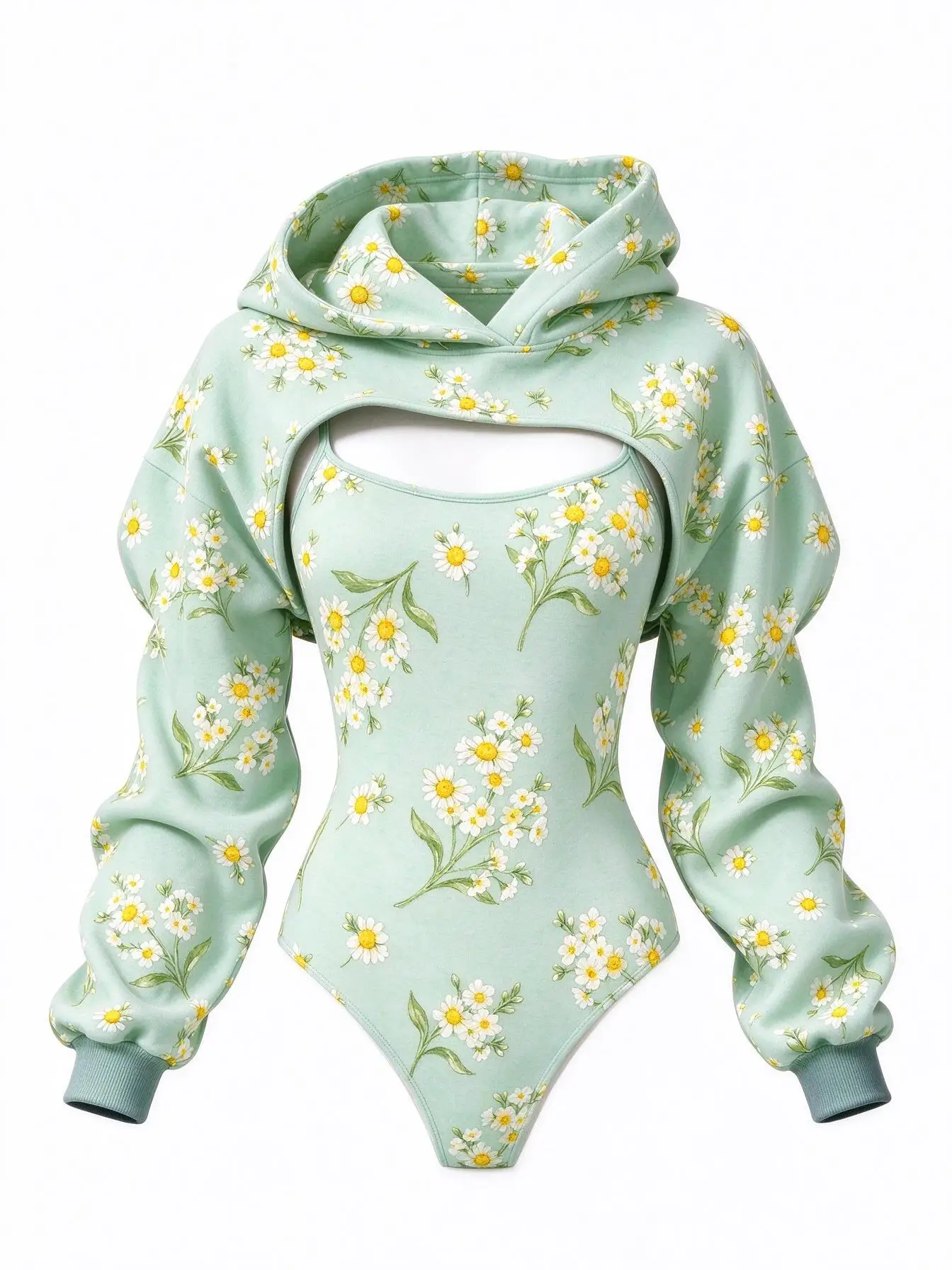 Elegant Botanical Print Women Bodysuit Set, Oversized Hooded Shrug & Matching