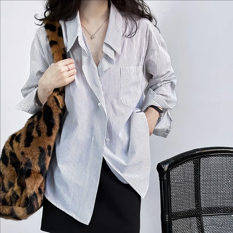 

Autumn clothes new casual striped loose long sleeve shirt women's