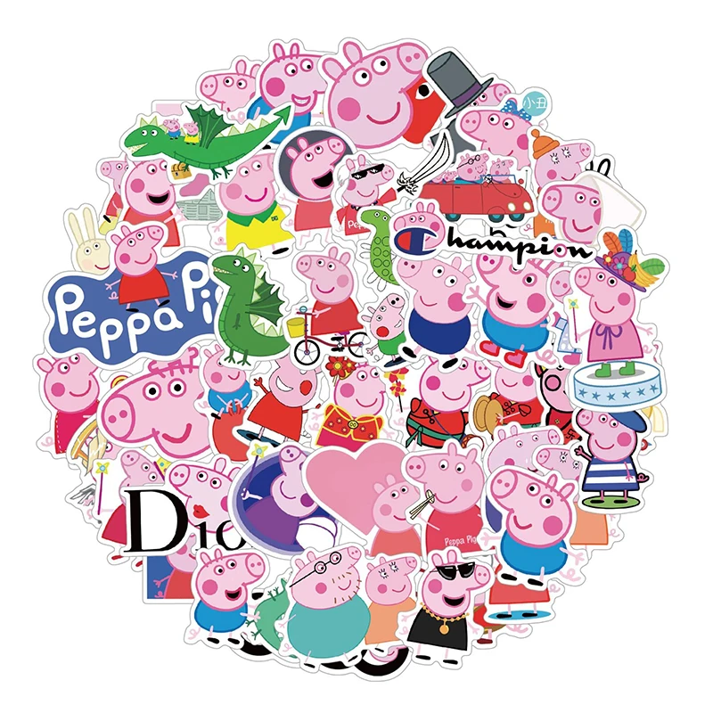 Peppa Pig Stickers 50PCS Waterproof Cartoon Decals for Kids DIY Scrapbook Luggage Laptop Water Bottle