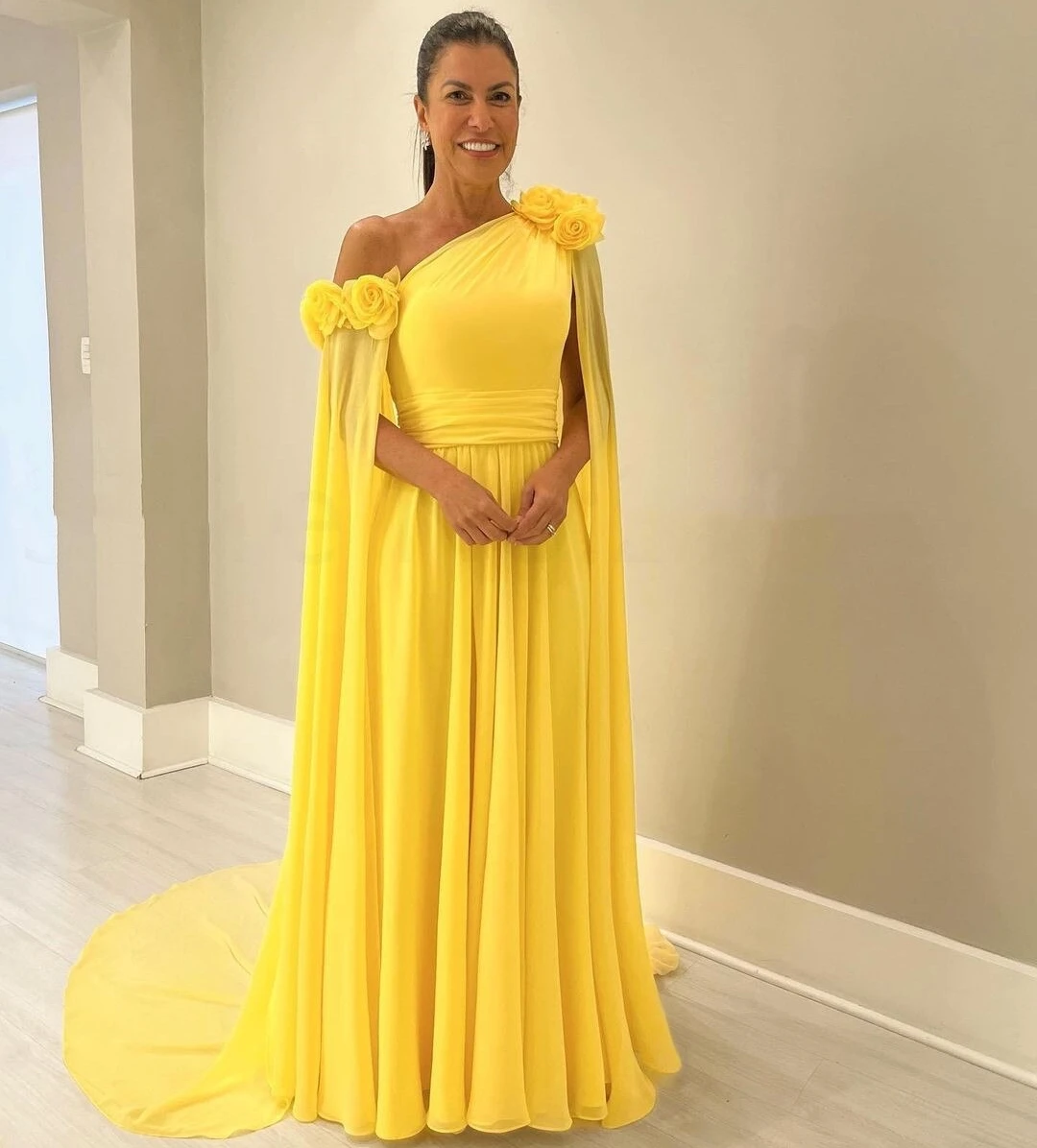 

Santorini فساتين مناسبة رسمية Yellow Chiffon A Line Evening Dresses Handmade Flowers Flutter Sleeves Prom Party Formal Occasion