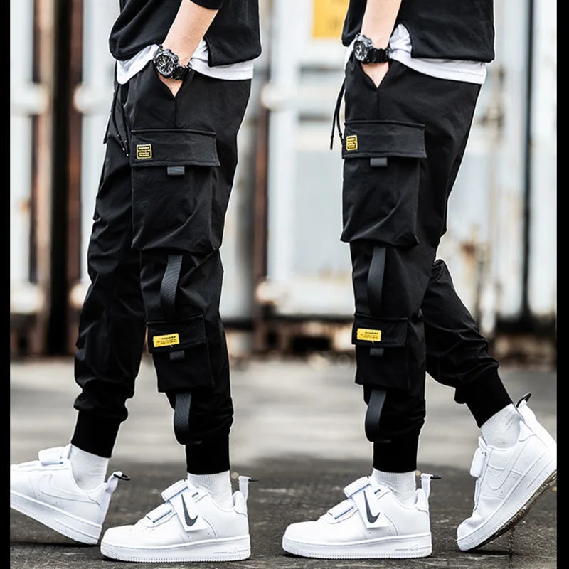 Summer Thin Men's Cargo Pants Casual Hip Hop Hit Color Multiple Pockets Trousers Streetwear Ribbons Techwear Sweatpants Boys