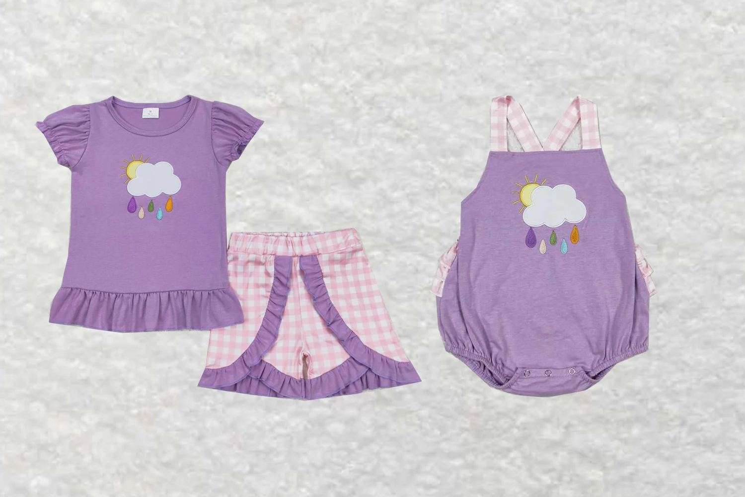 wholesale western boutique baby girls clothes Embroidery Rain and overcast purple lace short-sleeved pink-white plaid shorts set