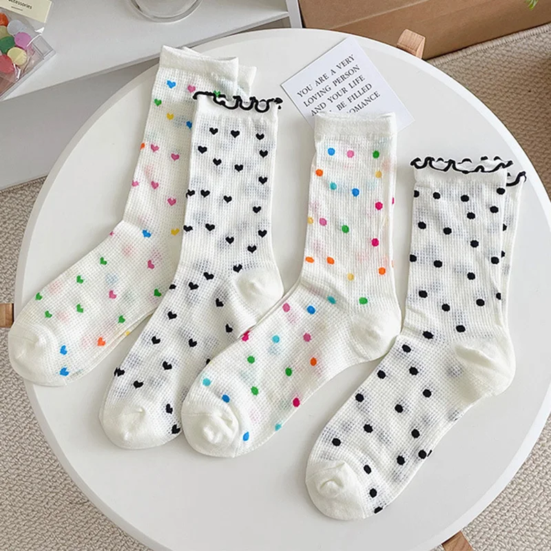 Multicolor Polka Dot Heart Women Socks Thin Hollow Out Meah Breathable Long Socks Japanese Kawaii Cute Sweet Girls Ruffle Socks