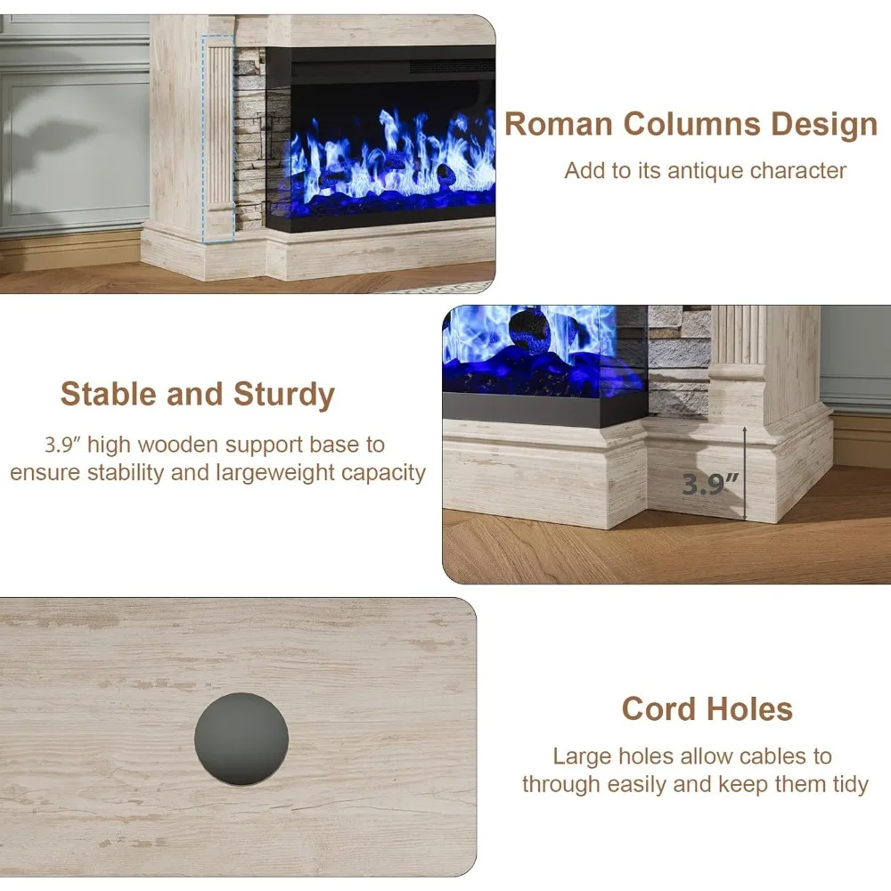 حامل تلفزيون مدفأة لأجهزة التلفاز حتى 65 بوصة، مركز ترفيه مدفأة مقاس 52 بوصة مع مدفأة كهربائية زجاجية بثلاثة جوانب مقاس 36 بوصة