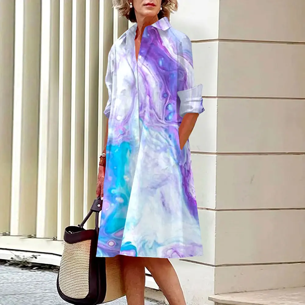 Ladies Abstract Face Printed Long Sleeve Shirt Dress Fashion Single Breasted Vintage Button Shirts Midi Dress Vestidos Spring