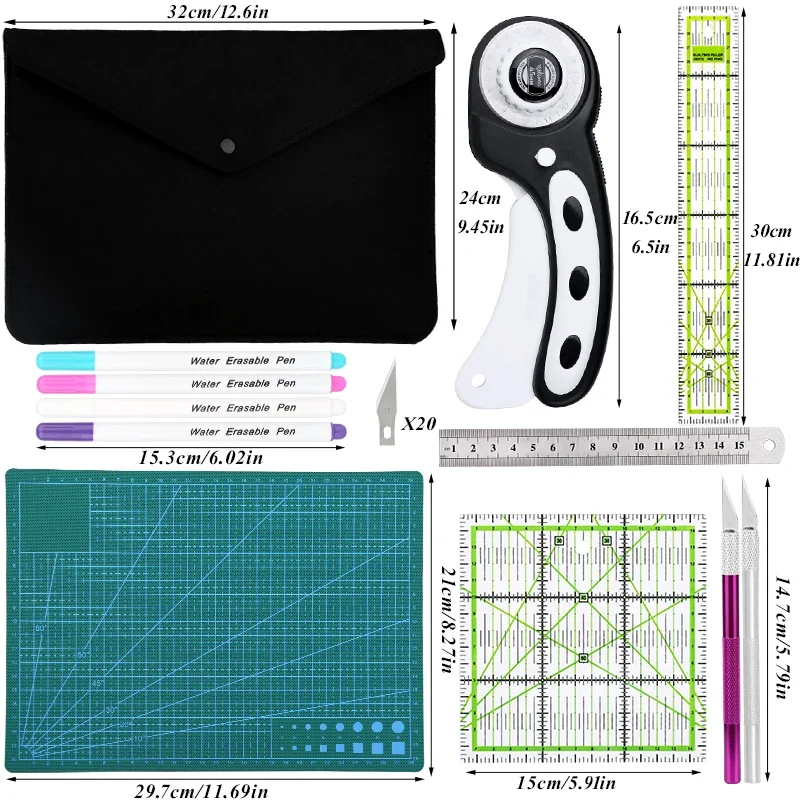 

Fenrry 32Pcs 45mm Rotary Cutter with Cutting Mat Patchwork Ruler Fabric Precision Knife for Cloths Fabric Leather DIY Sewing
