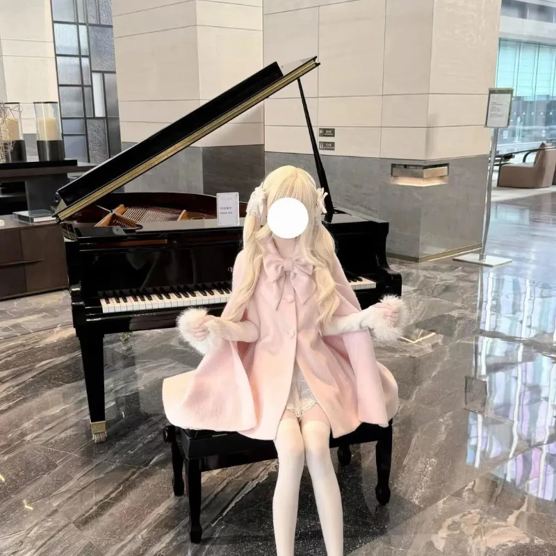 Rosa japonés dulce estilo Lolita capa de lana abrigo mujer Kawaii lazo suelto Otoño Invierno abrigo princesa coreana Ponchos cálidos