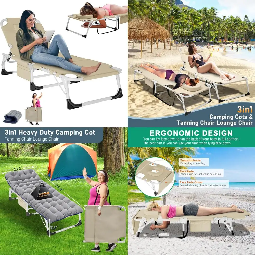 

Adjustable 5-Position Outdoor Folding Chaise Lounge Chair with Mattress and Face Hole for Patio, Beach Relaxation