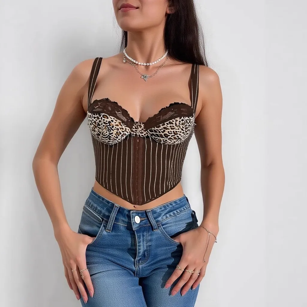 Women's Lace Tube Top Backless Crop Top Leopard Print Sheer Overlay Bandeau Top Structured Cups Bra Top Black Color Grey Color