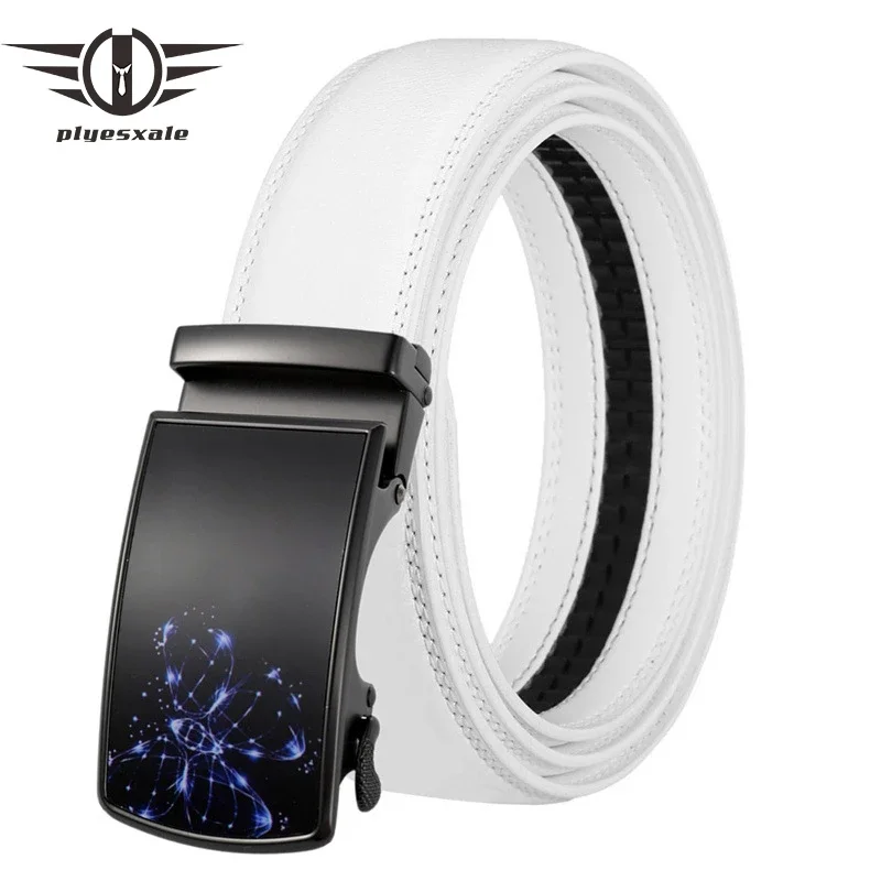 

Plyesxale Luxury Designer White Leather Belt For Men Automatic Buckle Male Cowhide Waistband Top Quality Mens Belts Formal B1298