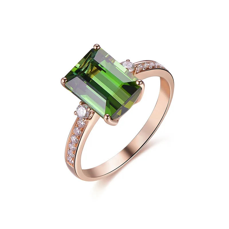 

Live New Simulation Green Tourmaline Ring Plated 18K Rose Gold Inlaid Emerald Color Treasure Open Ring Female