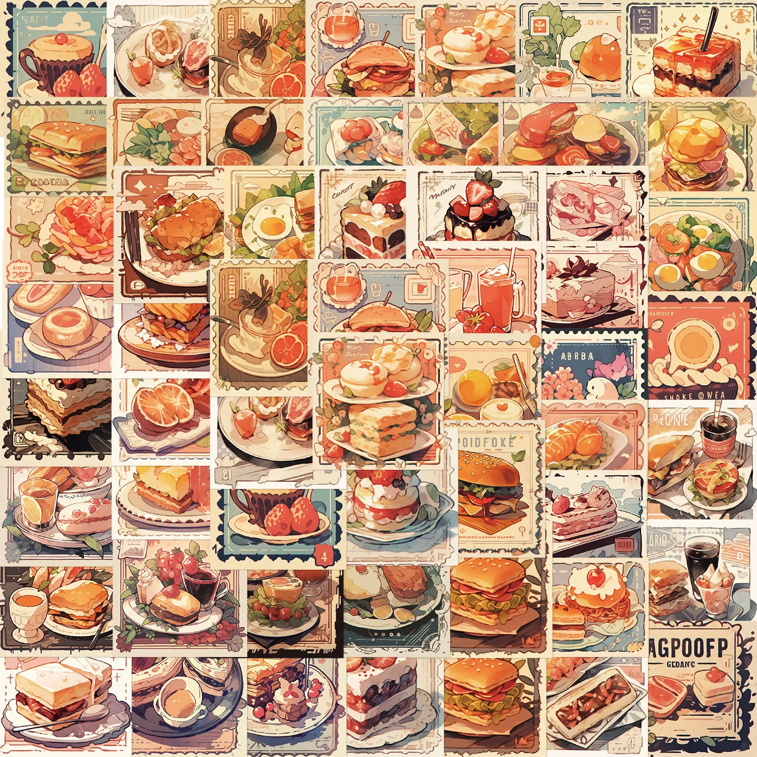 51PCS Retro Food Stamps Aesthetic Stickers Vintage Decal Laptop Phone Luggage Scrapbook Car Graffiti Waterproof Sticker Toy