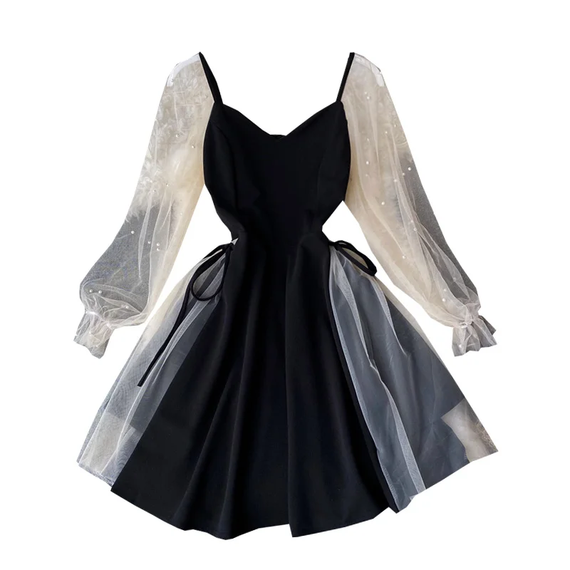V넥 버블 소매 숏 드레스 미디 기장 A라인 스커트 슬리밍 허리 하이웨이스트 시퀸 레이스 장식 메쉬 패널 드레스