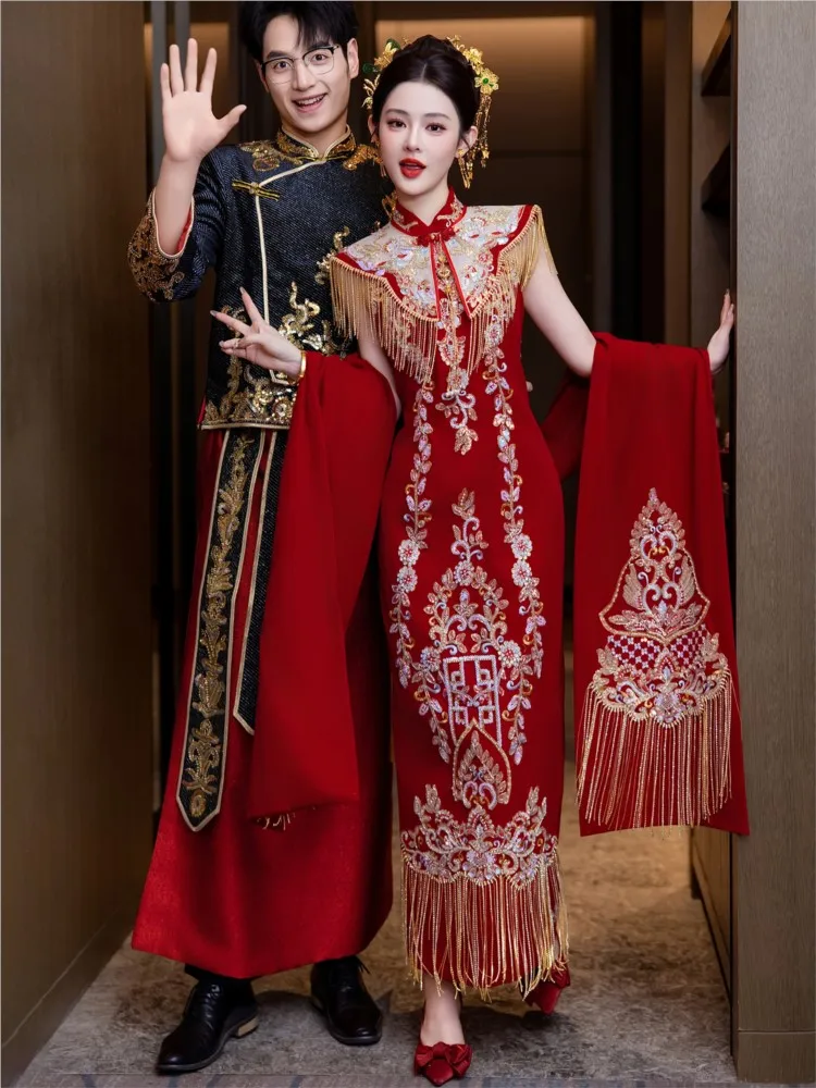 

New red cheongsam Chinese-style toasting dress bridal style wedding and engagement for women