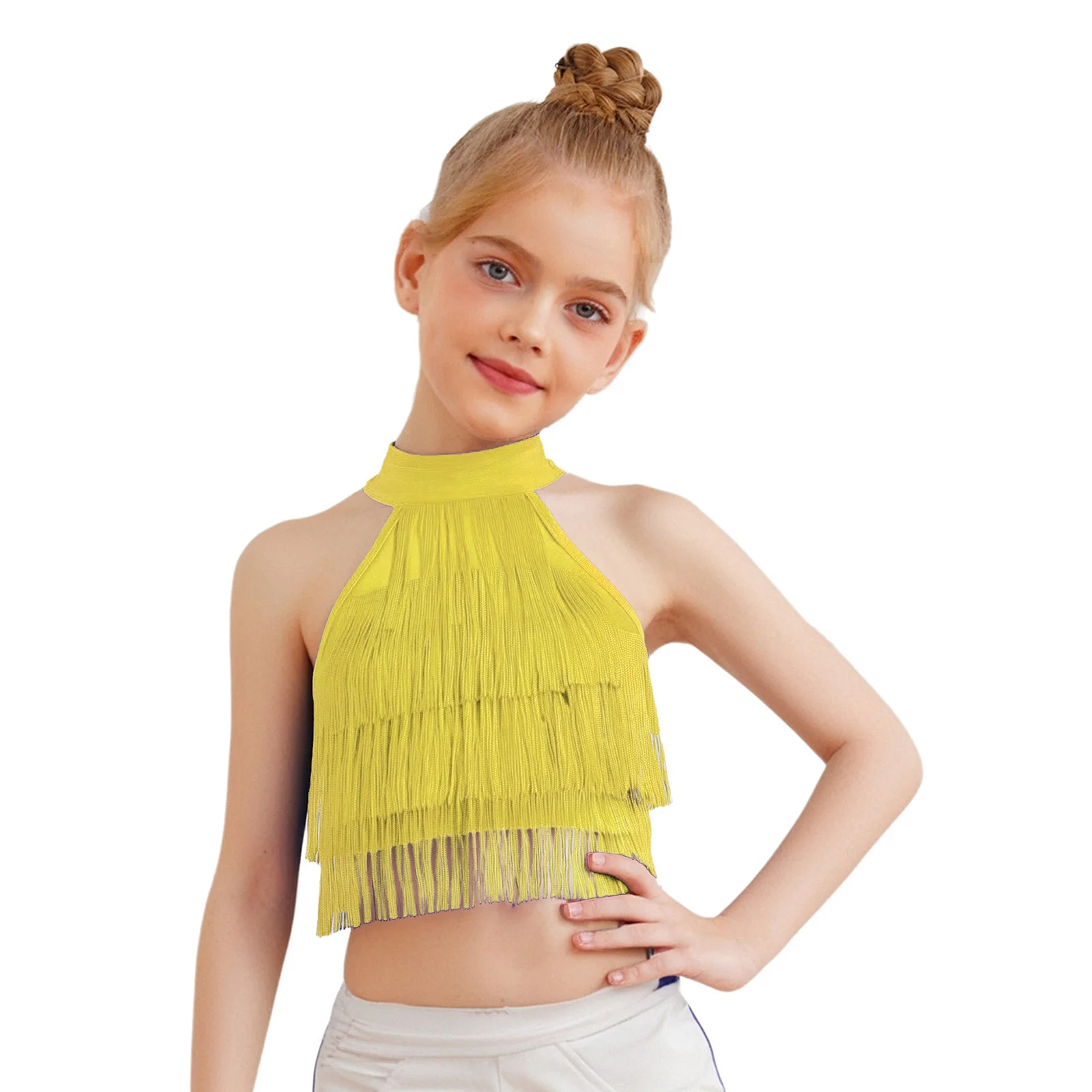 

#6-16 Kids Girls Salsa Latin Dance Performance Costume Fringe Crop Top Sleeveless Strappy Back Tiered Tassels Latin Dance Vest