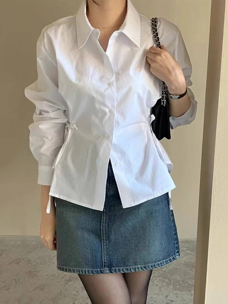 Slim Fit Long Sve irt Women's Chic Autumn Vintage Versatile Turn-down Collar Single Button Design Waist-cinching Slimming