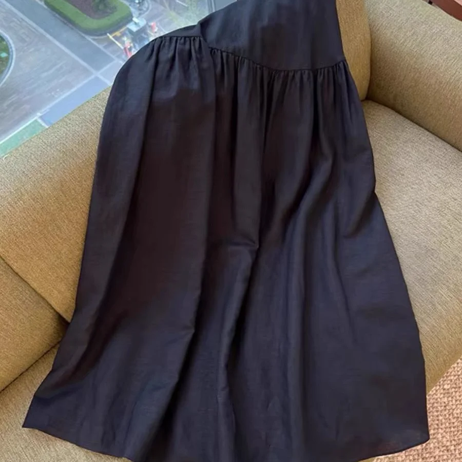 High Waist Mixed Fabric Linen Half Skirt Pleated Design Skirt Commute Korean Style Ladies High Waist Skirt Standard Fit