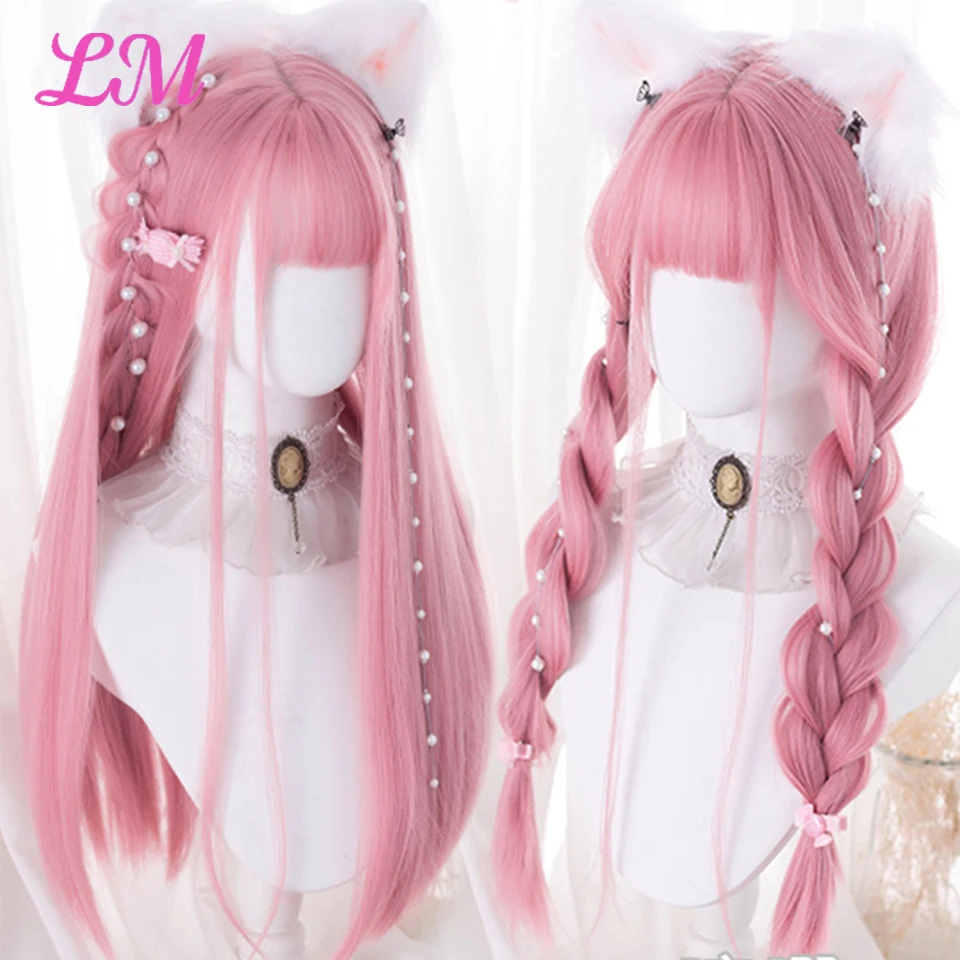 LM-Peluca de Cosplay con flequillo para mujer, pelo lacio sintético, 24 pulgadas de largo, resistente al calor, color rosa