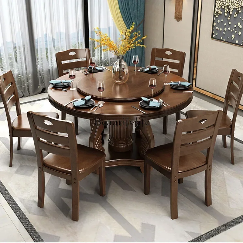 Chinese solid wood dining table round table household hotel living room economical with turntable